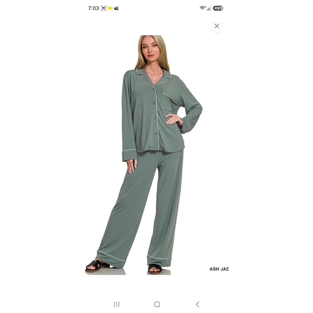 Zenana Pajama Set Ash Jade Green Button Down Long Sleeve Pants XL Loungewear